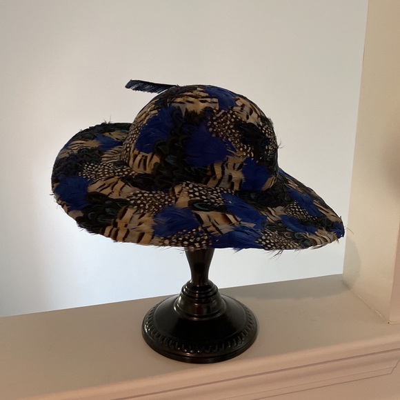 VTG Rare Jack McConnell Feather Hat. 100% Wool. Blue/Black Multi Feathers - Picture 10 of 16